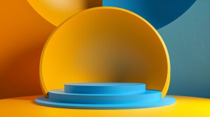 Poster - 3D render, blue yellow abstract background, clean style. Empty cylinder podium, vacant pedestal, round stage, showcase stand, product display, futuristic platform. Blank mock up, copy space.