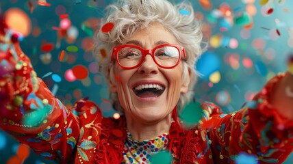 Ecstatic Senior Woman with Confetti in Festive Attire. Elderly woman in red, laughing with arms up, amidst a burst of confetti, conveying contagious excitement.