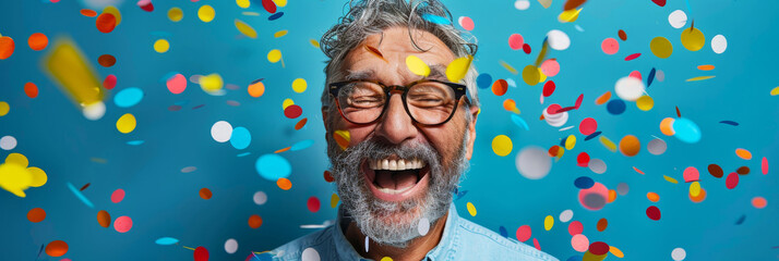 Wall Mural - Exhilarating Joy of Senior Man with Confetti Explosion. Bearded senior man in glasses laughing heartily, surrounded by a vivid shower of confetti on a blue background.