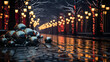 A series of reflective metal balls are scattered along a wet cobbled path that leads through an archway lined with glowing lanterns. Background concept.AI generated.