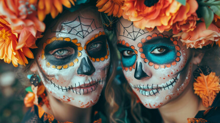 Wall Mural - Two women with face paintings celebrating Day of the Dead, holding orange flowers and wearing black They pose for a photo together at an event with other people decorated to celebrate Mexican culture.