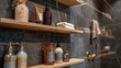 Elegant, unique bathroom shelves in a shower, captured up-close, showcasing inspired shelving solutions that combine style and practicality