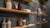 Fototapeta Paryż - Elegant, unique bathroom shelves in a shower, captured up-close, showcasing inspired shelving solutions that combine style and practicality