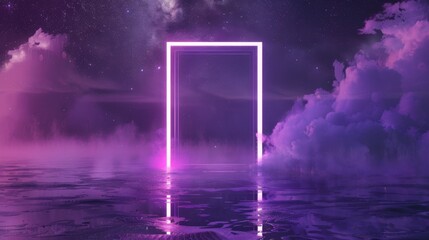 Poster - a purple neon rectangular door frame on a water surface with smoke and stars. realistic modern illus