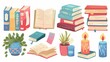 Cartoon modern set of cozy reading elements - literature pile with paper pages, colorful hardcover and bookmark.