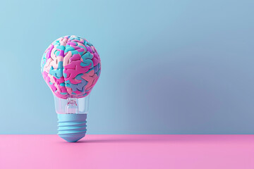 A 3D minimalist light bulb with a vibrant brain pattern set against a calming pastel indigo background