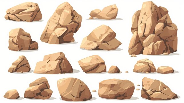 Rocky stones isolated on white background. Modern cartoon illustration of sandstone boulders with irregular cracked surfaces, mountain landscape design elements, wild west canyon landscape.