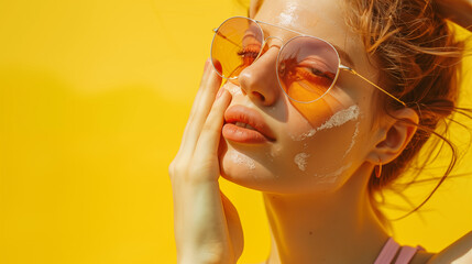 Wall Mural - Beautiful young woman with sunscreen cream during summer, looking at camera on yellow plain background