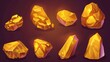 Nuggets of gold for mines and treasures in game UI designs. Illustrations of shiny yellow glossy precious stones. Assets of raw golden crystals.