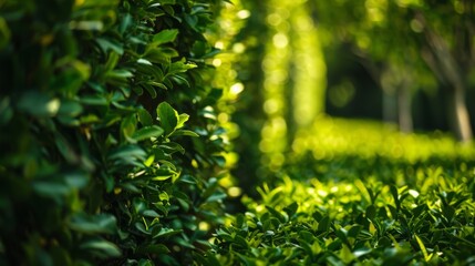 Sticker - Green hedges of ornamental plants in a modern park emphasize bright colors and geometric precision