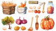 Illustration of a vegetable farm design set on white background. There are pumpkins, potatoes, tomatoes, eggs, jam jars, farming instruments, and haystacks in this set.
