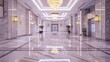 A large hallway with luxurious marble floors and a grand chandelier hanging from the ceiling