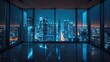 A majestic urban nightscape envelops the city as seen through the panoramic windows of a darkened room