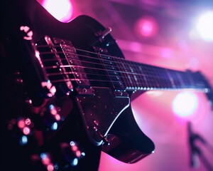 Wall Mural - Vivid close-up of an electric guitar, aglow with stage lights dancing on its polished exterior, symbolizing the intense atmosphere of live rock performances.