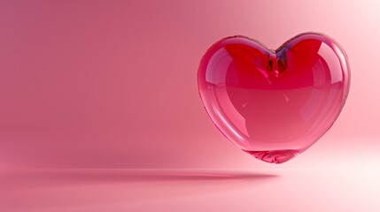 Poster - An abstract modern concept of a 3D glass heart floating in the air on a pink background with a shadow. A realistic modern illustration of red transparent acrylic glossy romantic elements for a