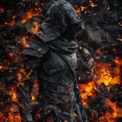 Wall Mural - Black-cloaked warrior on a fantasy battlefield full of dust and explosive bombs