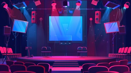 Wall Mural - There are microphones and loudspeakers in the hall, a large screen, chairs for the jury and audience, spotlights and television cameras. Cartoon modern of an empty stage for competitions and