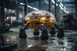 An advanced yellow quadruped robot with a transparent dome showcases futuristic technology in an industrial setting.