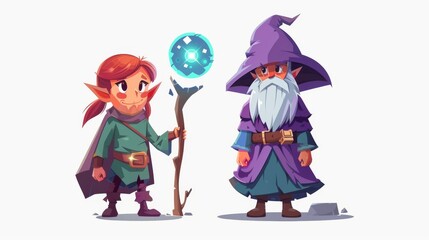 Wall Mural - Cartoon modern game UI characters featuring an old wise male druid with hood and hat in purple, a long grey beard and wooden staff, and a young red hair elf with glowing green magic ball in his