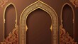 An arab frame in the form of a traditional shape window for the header and text congratulation. A realistic modern illustration set of brown arch border decoration with golden accents.