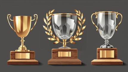 Poster - Laurel trophy on wood stand with golden plate. Realistic modern set of transparent plexiglass crystal awards on wooden bases. Mockup of shiny acrylic winner cup on pedestal.