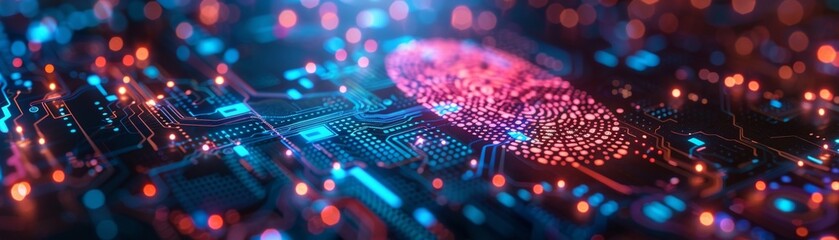 Aufkleber - Neon background enhances the visual appeal of the cyber security system using fingerprint technology, highlighting the concept of technology and security with space for custom information.