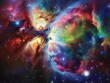 Produce a visually captivating scene of a cosmic nebula bursting with vibrant colors and space dust for an interstellar event