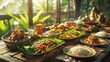 The dining table is filled with all kinds of delicious food ready to be eaten.AI generated image