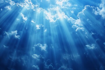 Poster - A clear sky dotted with fluffy white clouds. The sunlight filters through the clouds, casting a warm glow over the landscape. The scene radiates tranquility and serenity.