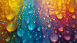 Close up of colorful droplets of water on the surface of waterdrops background. Dark turquoise, light bronze, light gold and purple color tones.