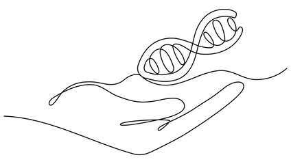 Hand holding DNA continuous one line drawing. Genome linear structure symbol. Vector illustration isolated on white.