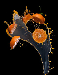 Wall Mural - sliced of orange with juice splash on black background