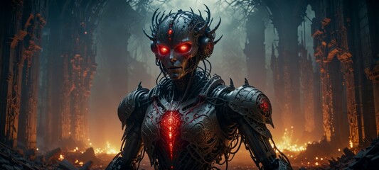 Wall Mural - A dark robot monster with glowing red eyes in epic battle