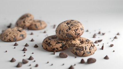 Poster - Delicious freshly baked chocolate chip cookies on a white background. Ideal for dessert recipes and food blogs. Simple and appealing treat photography. AI