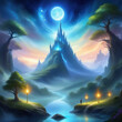 Ein Bild zeigt einen bergähnlichen Felsen, der wie eine Burg geformt ist und vom sanften Licht des Mondes umflutet wird. Die Szene vermittelt eine mystische und majestätische Atmosphäre.