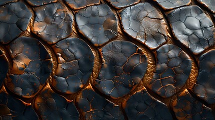 Canvas Print - Close-up of Shiny Metallic Scales Texture with Dark Tones. Abstract Background for Designers. An Artistic, Contemporary Style Image. AI