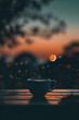 Foto de producto de una taza de café latte en un póster con una estética suave y cálida de la luna de mediados de otoño, con un romance oriental de minimalismo y fantasía femenina 