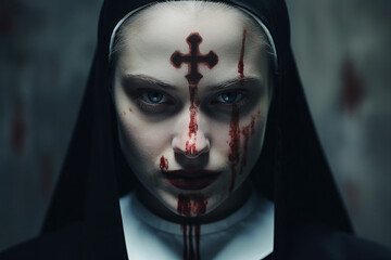 Generative AI picture of monastery sister nun priest cursed possessed with devil crying with blood