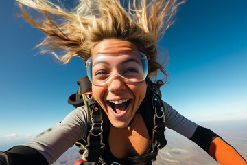 Wall Mural - Beautiful young woman jumps with a parachute flies in the sky screams and laughs generative AI