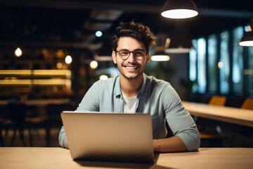 Sticker - Generative AI photo of smiling person working as a tutor from cafe distance lesson