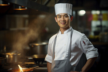 Poster - Young male asian chef working in a restaurant kitchen smiling portrait generative AI