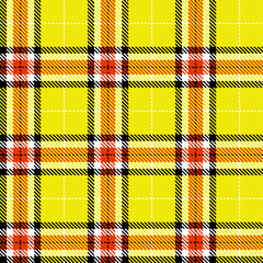 Wall Mural - Yellow, orange, black and white color striped lines tartan check seamless plaid pattern background for textile design, napkin, handkerchief, blanket, cover, tablecloth. Vector illustration.