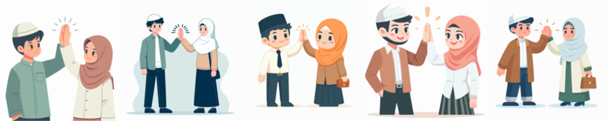 Poster - vector set of illustrations of Muslim couple high-fiving