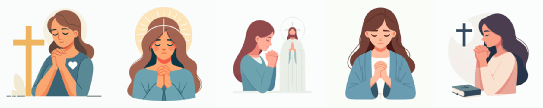 vector set of illustrations of Christian woman praying