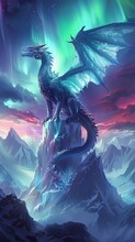 Dragons Perched Atop Icy Peaks, Northern Lights Dancing Above, A World Where Fantasy Meets The Ethereal