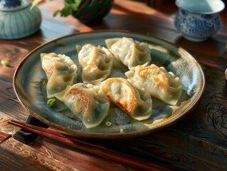 Poster - A plate of dumplings with steam rising from them. The dumplings are white and look like they are cooked