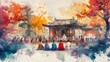 Vibrant watercolor banner showing a Confucian ceremony, celebrating wisdom and ethics in rich colors