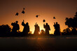 © nutt - silhouette cheerful graduates in black gowns Graduation hat Thrown in sunset sky