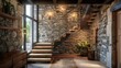 Wooden staircase and stone cladding wall in rustic hallway. Cozy home interior design of modern entrance hall with door. Created with generative AI