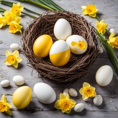 Wall Mural - White yellow easter eggs in a bird nest basket and yellow daffodils flowers.